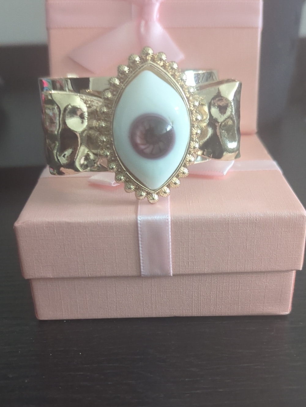 New-Gold Evil Eye Statement Cuff Bracelet - White and Brown Accent